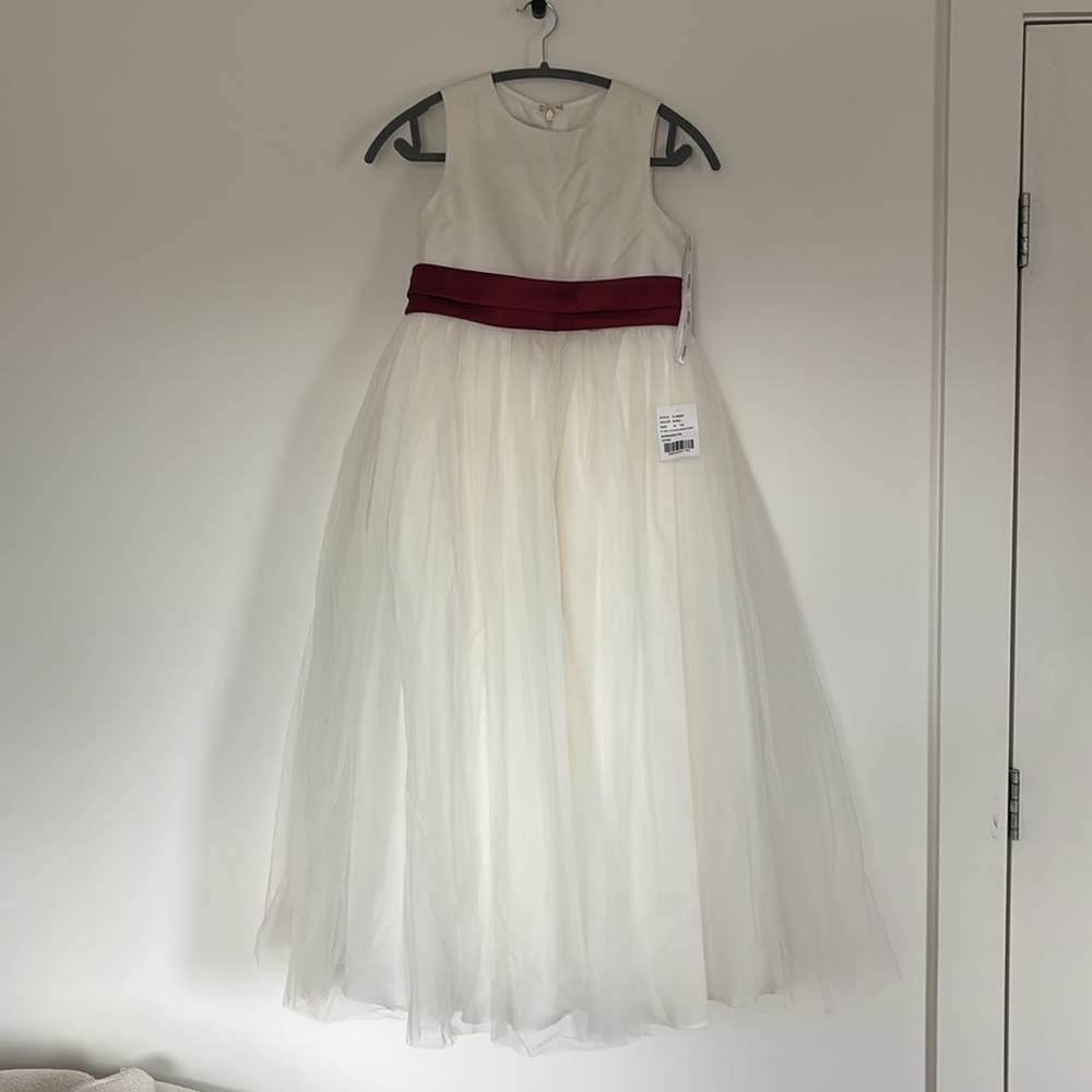 NWT Dessy Girl flower girl dress off white ivory red maroon sash satin tulle 12